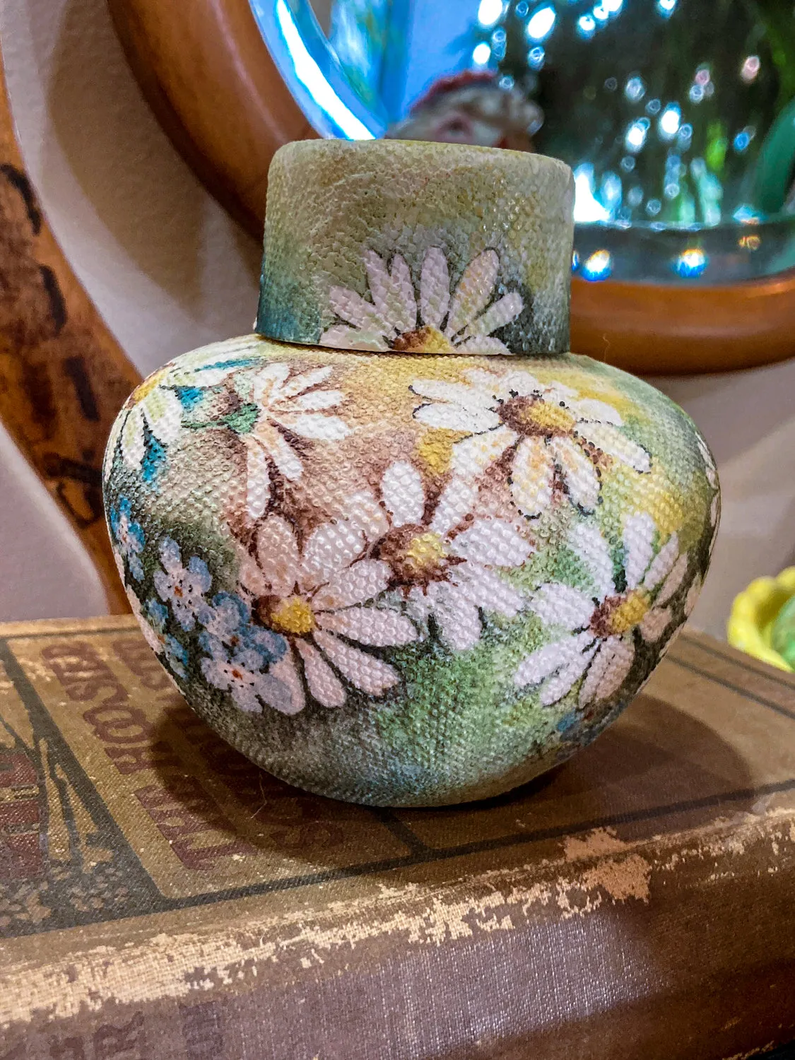 Vintage 1970 Daisy Painted Tapestry Porcelain Lidded Jar Art Pottery