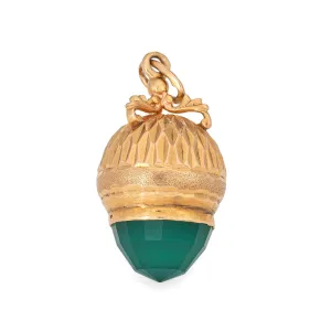 Vintage Acorn Charm 14k Yellow Gold Green Chrysoprase Pendant Nature Jewelry