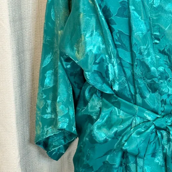 Vintage Apostrophe Teal Brocade floral kimono dressing robe M pockets belted