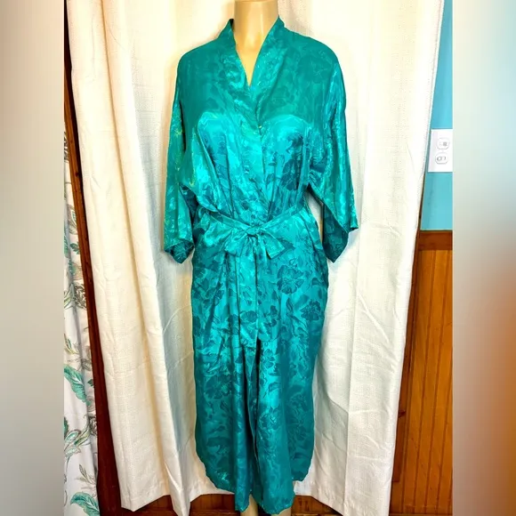 Vintage Apostrophe Teal Brocade floral kimono dressing robe M pockets belted