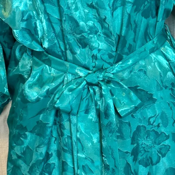 Vintage Apostrophe Teal Brocade floral kimono dressing robe M pockets belted