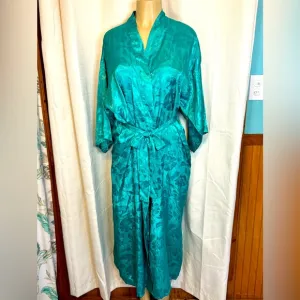 Vintage Apostrophe Teal Brocade floral kimono dressing robe M pockets belted