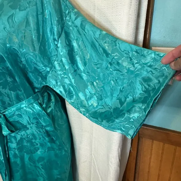 Vintage Apostrophe Teal Brocade floral kimono dressing robe M pockets belted