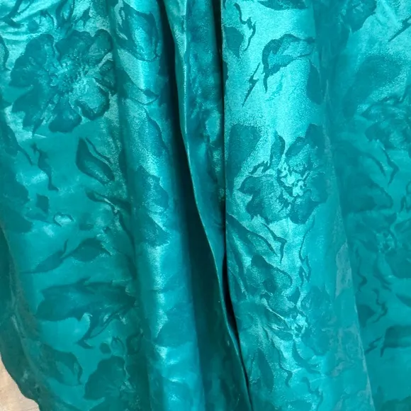 Vintage Apostrophe Teal Brocade floral kimono dressing robe M pockets belted