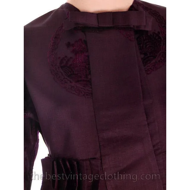Vintage Aubergine Silk Evening Coat Created 1960s of Antique Fabric Provenance S