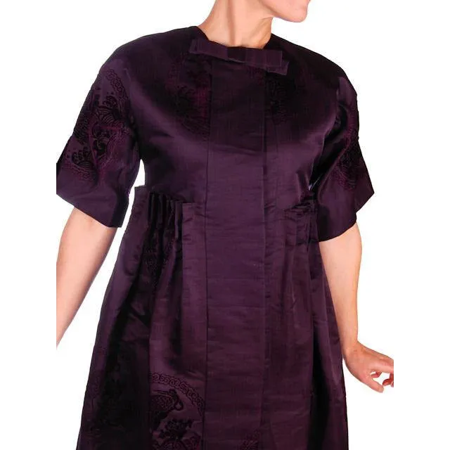 Vintage Aubergine Silk Evening Coat Created 1960s of Antique Fabric Provenance S