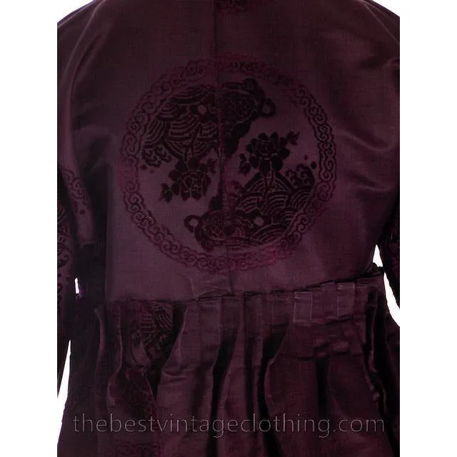 Vintage Aubergine Silk Evening Coat Created 1960s of Antique Fabric Provenance S