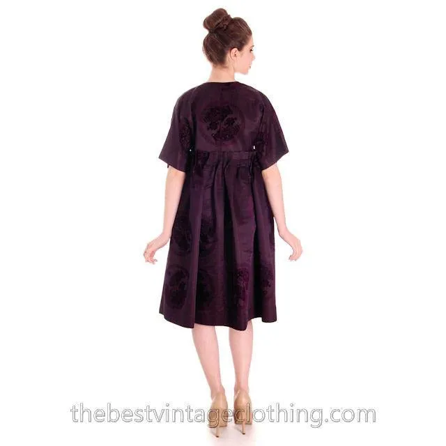 Vintage Aubergine Silk Evening Coat Created 1960s of Antique Fabric Provenance S