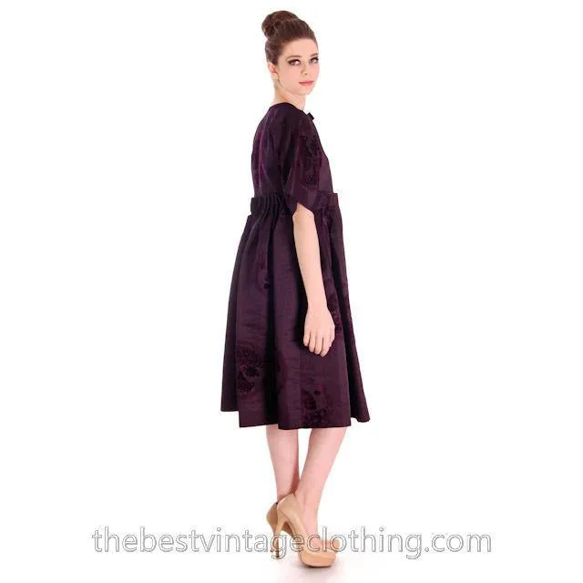 Vintage Aubergine Silk Evening Coat Created 1960s of Antique Fabric Provenance S