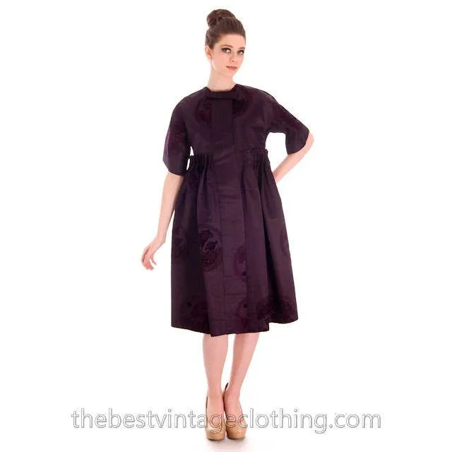 Vintage Aubergine Silk Evening Coat Created 1960s of Antique Fabric Provenance S