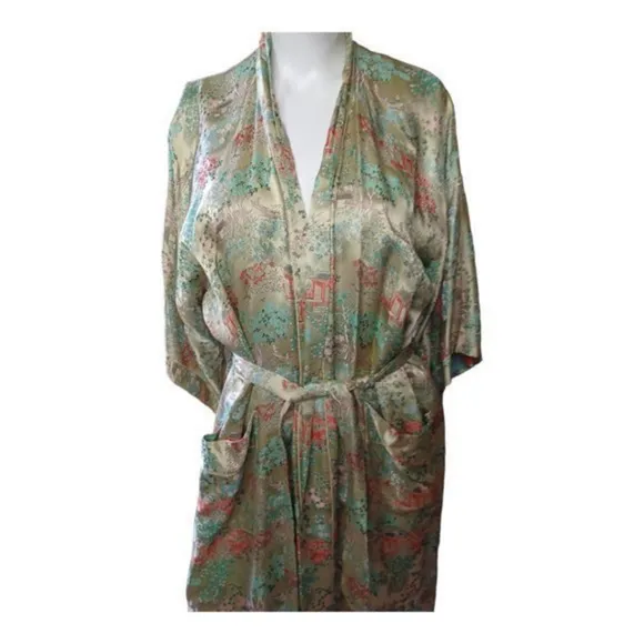 Vintage Kimono/Robe by‎ Solz Squirrel Satiny Rayon Sage