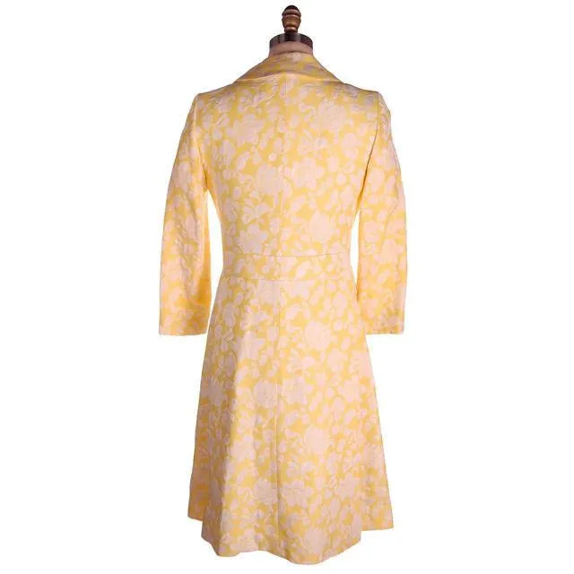 Vintage Ladies Yellow/White Brocade Coat & Dress Bergdorf Goodman 1970s 36-30-35