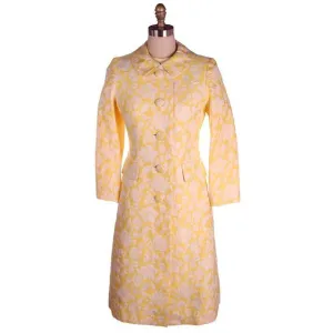 Vintage Ladies Yellow/White Brocade Coat & Dress Bergdorf Goodman 1970s 36-30-35