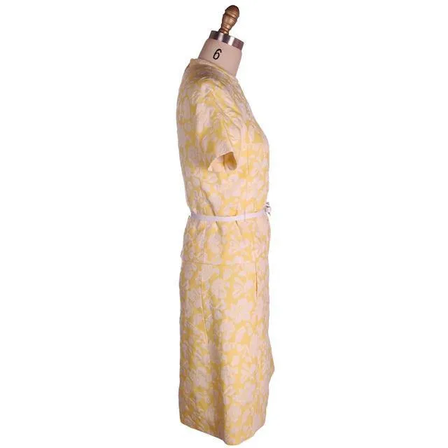 Vintage Ladies Yellow/White Brocade Coat & Dress Bergdorf Goodman 1970s 36-30-35
