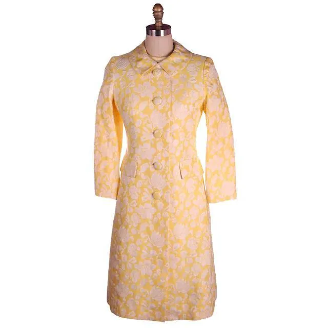 Vintage Ladies Yellow/White Brocade Coat & Dress Bergdorf Goodman 1970s 36-30-35