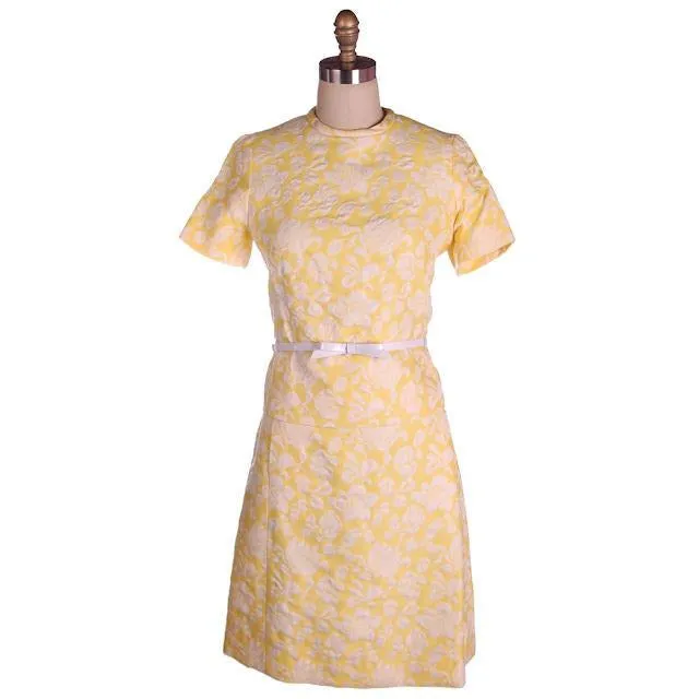 Vintage Ladies Yellow/White Brocade Coat & Dress Bergdorf Goodman 1970s 36-30-35