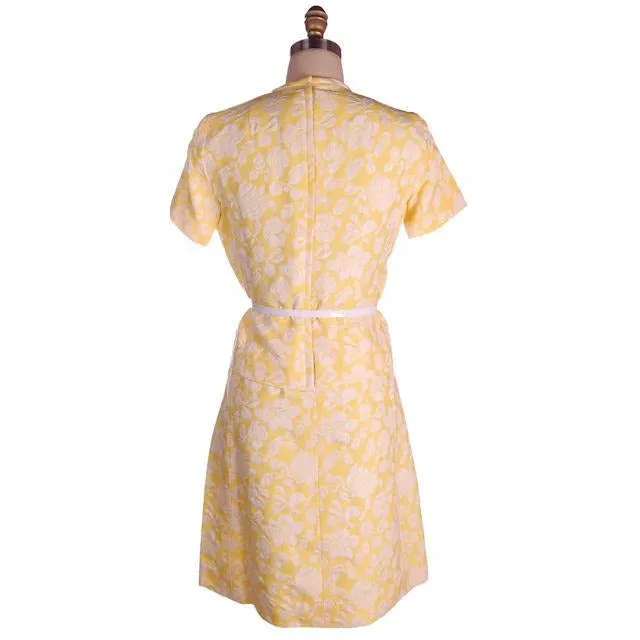 Vintage Ladies Yellow/White Brocade Coat & Dress Bergdorf Goodman 1970s 36-30-35