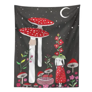 Vintage Mushroom Tapestry Wall Hanging Psychedelic Moon Tapestry Flower Girls Tapestry Colorful Vertical Tapestry for Room