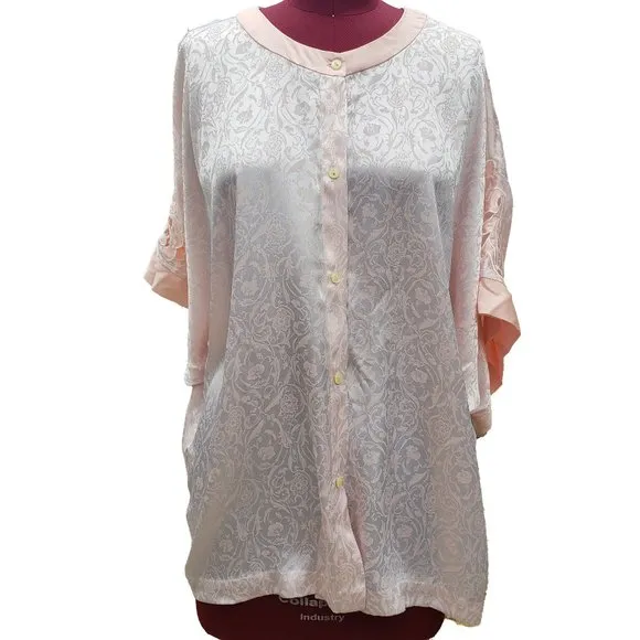 Vintage Natori Pajama Top Pink Satin Jacquard Short Sleeve Button Front XLarge