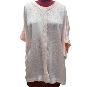 Vintage Natori Pajama Top Pink Satin Jacquard Short Sleeve Button Front XLarge