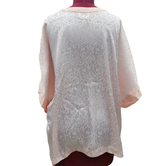 Vintage Natori Pajama Top Pink Satin Jacquard Short Sleeve Button Front XLarge