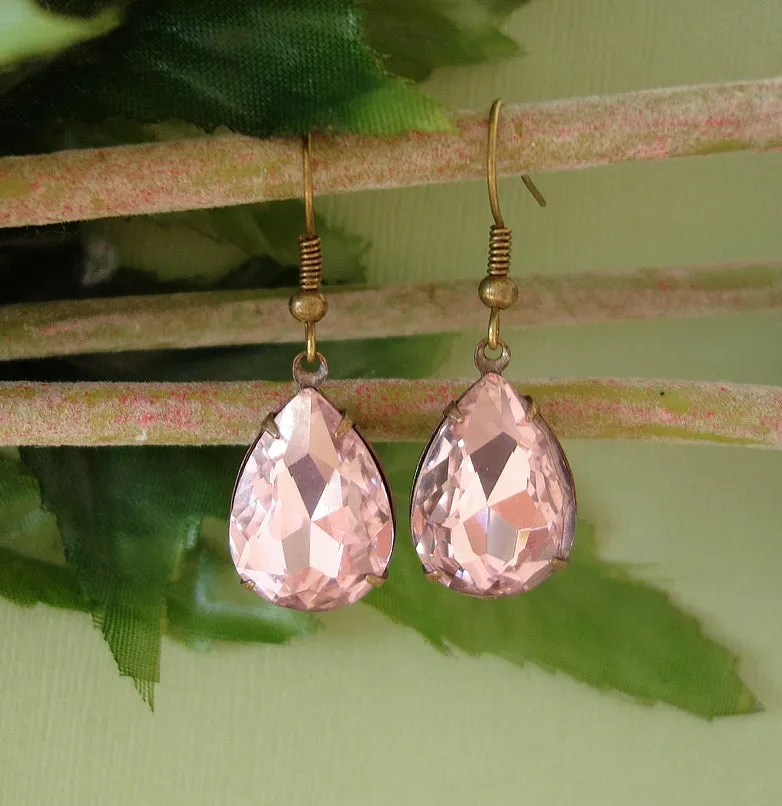 Vintage Pink Swarovski Teardrop In Antiqued Brass Prong Settings Earrings Wedding Jewelry