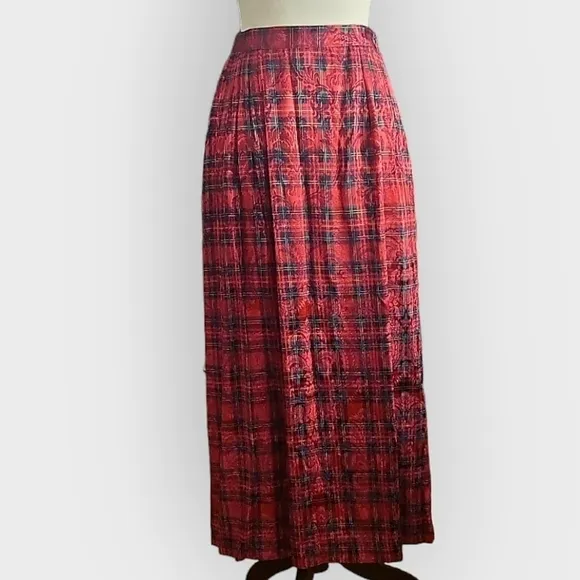 Vintage Portraits by Northern Isles Red Green Gold Plaid Brocade Maxi Skirt 8