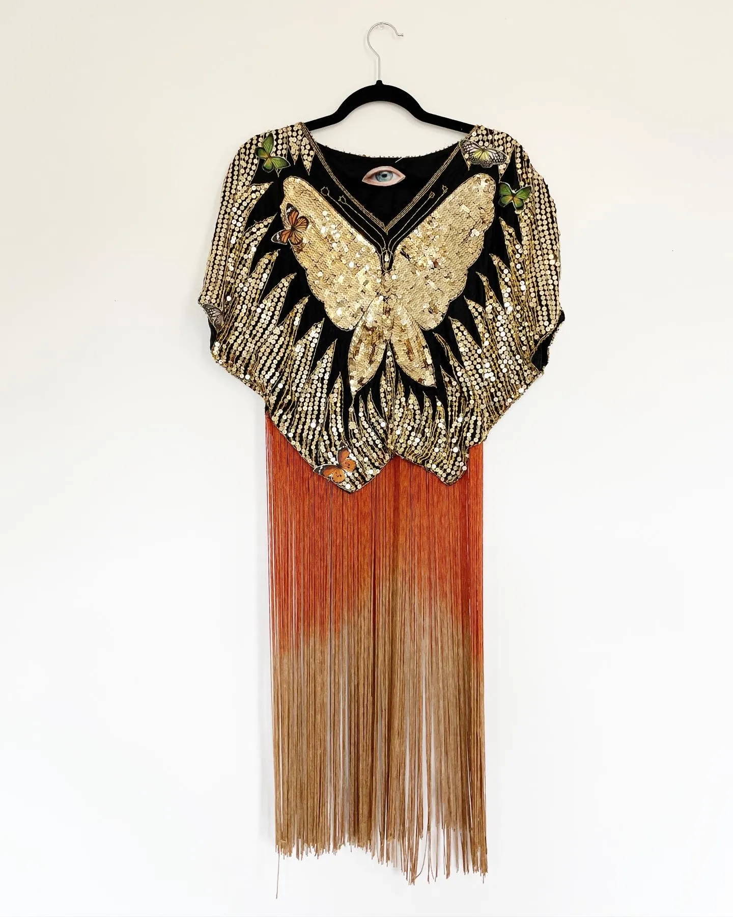Vintage Sequin Butterfly Top with Orange/Rust Ombre Fringe