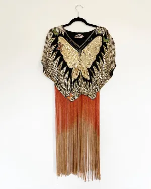 Vintage Sequin Butterfly Top with Orange/Rust Ombre Fringe
