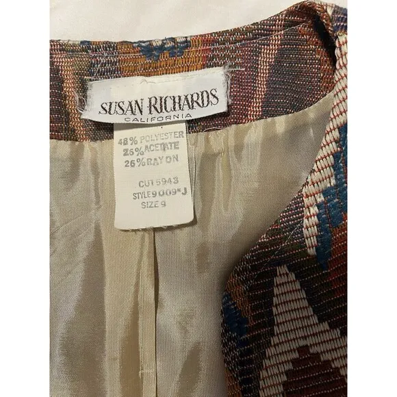 Vintage Susan Richards Tapestry Blazer Jacket Brown Open Front Retro Women 9
