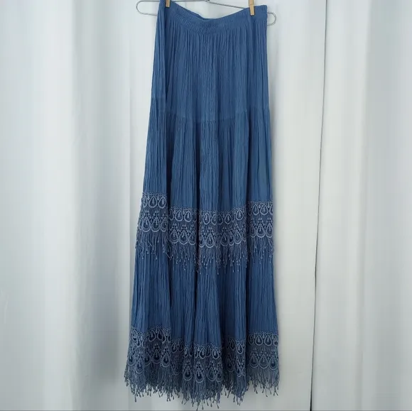 Vintage Western Denim Vest and Broomstick Maxi Skirt Set with Lace Detail Size M