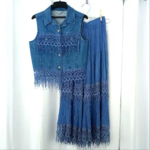 Vintage Western Denim Vest and Broomstick Maxi Skirt Set with Lace Detail Size M