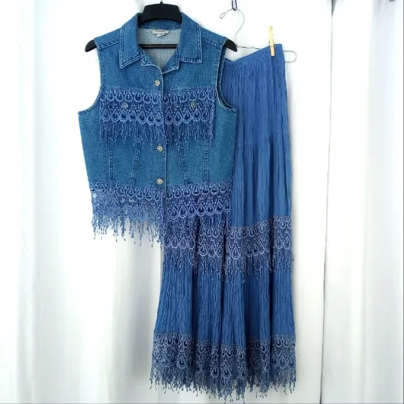 Vintage Western Denim Vest and Broomstick Maxi Skirt Set with Lace Detail Size M