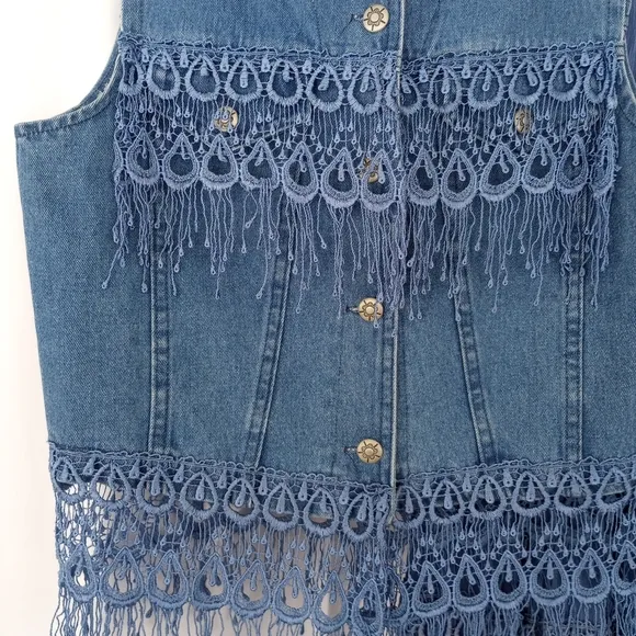 Vintage Western Denim Vest and Broomstick Maxi Skirt Set with Lace Detail Size M