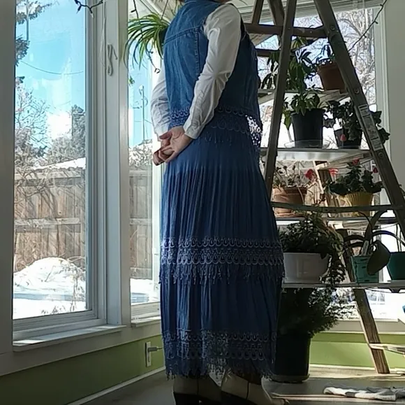 Vintage Western Denim Vest and Broomstick Maxi Skirt Set with Lace Detail Size M