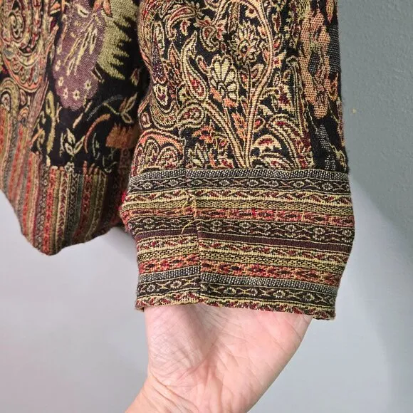Vintage Women's M Oriental Patterned Tapestry Shirt Jacket Lightweight Knot