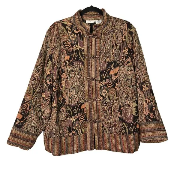 Vintage Women's M Oriental Patterned Tapestry Shirt Jacket Lightweight Knot