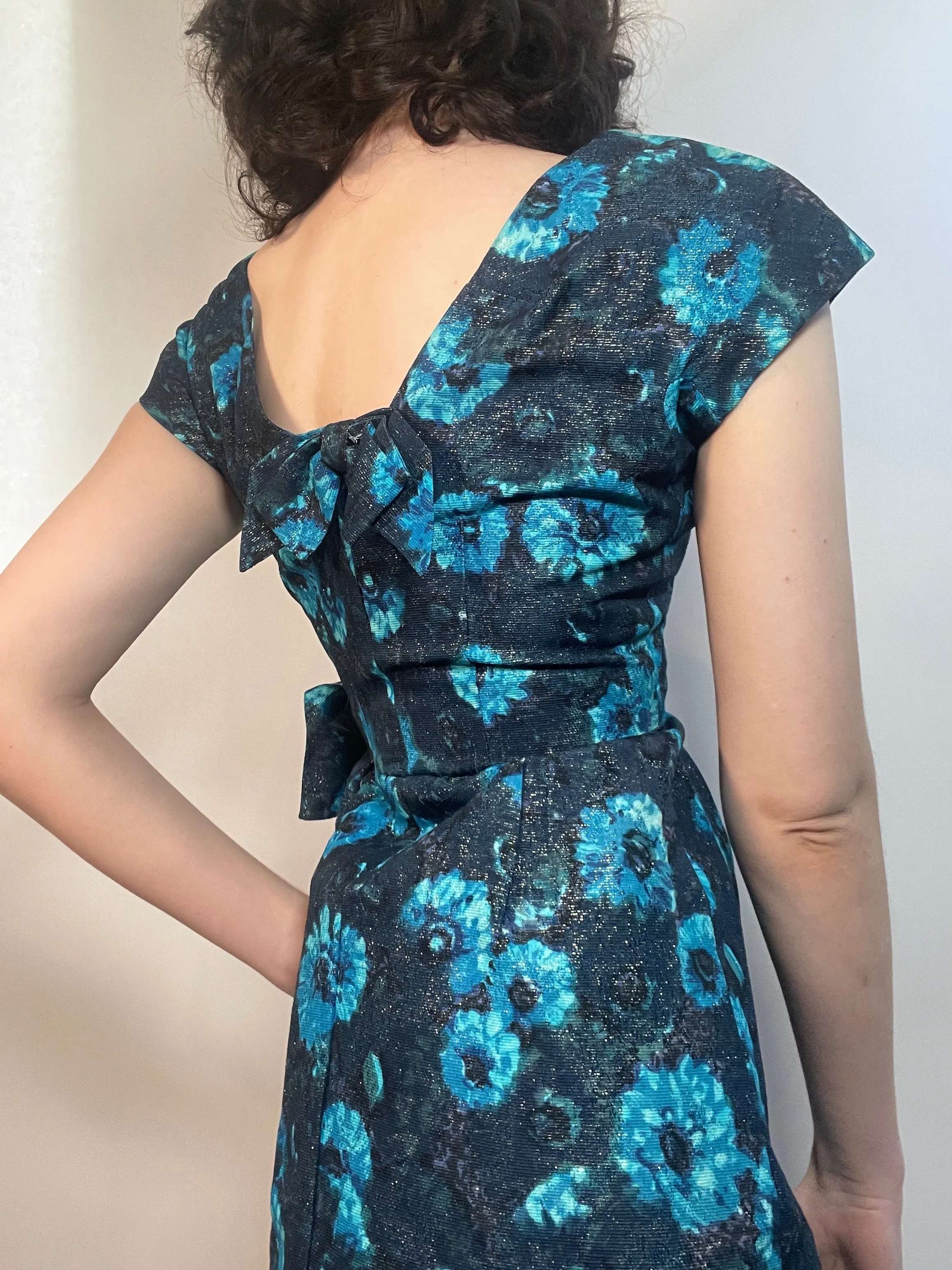 VTG 60s Turquoise & Blue/Black Brocade Dress Fancy