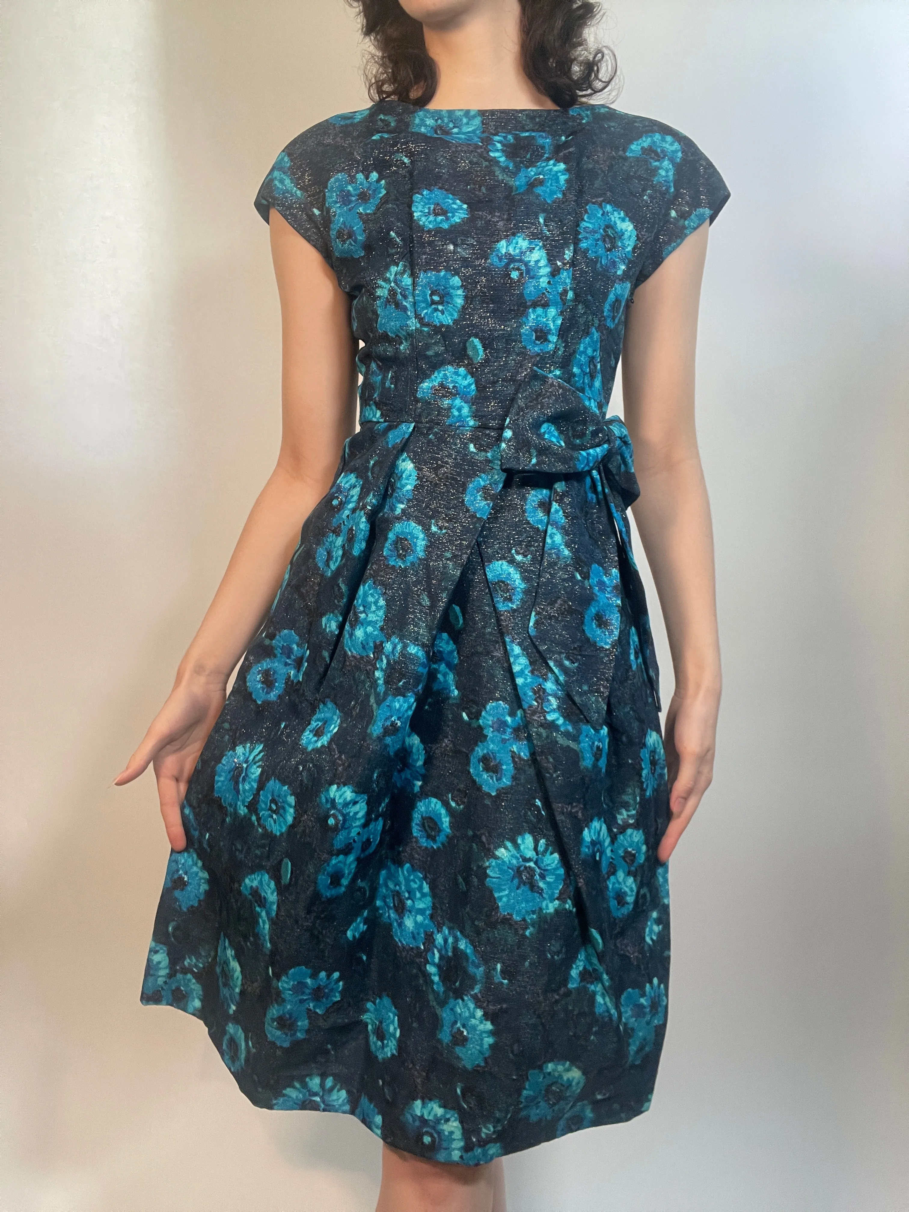 VTG 60s Turquoise & Blue/Black Brocade Dress Fancy