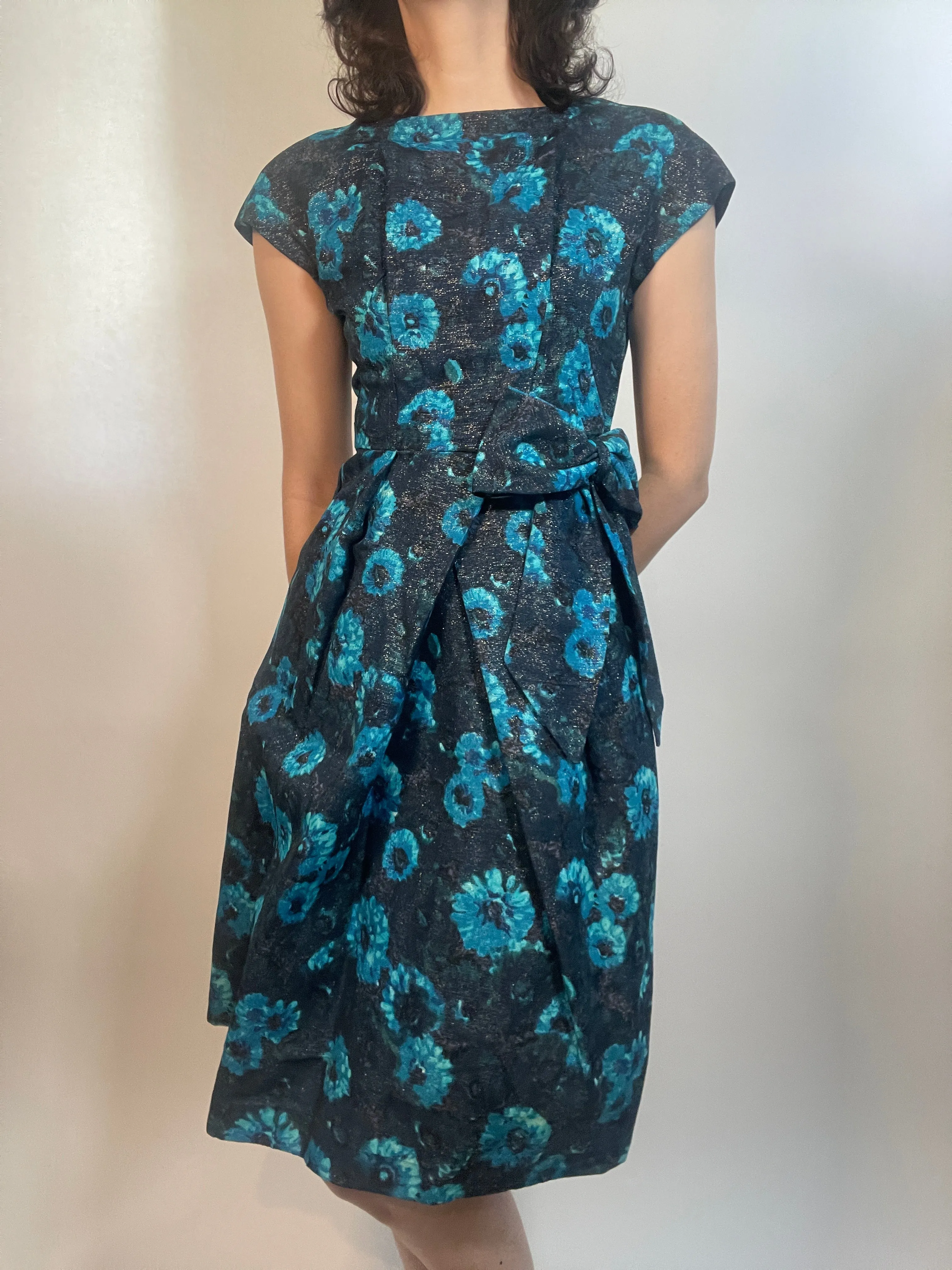 VTG 60s Turquoise & Blue/Black Brocade Dress Fancy