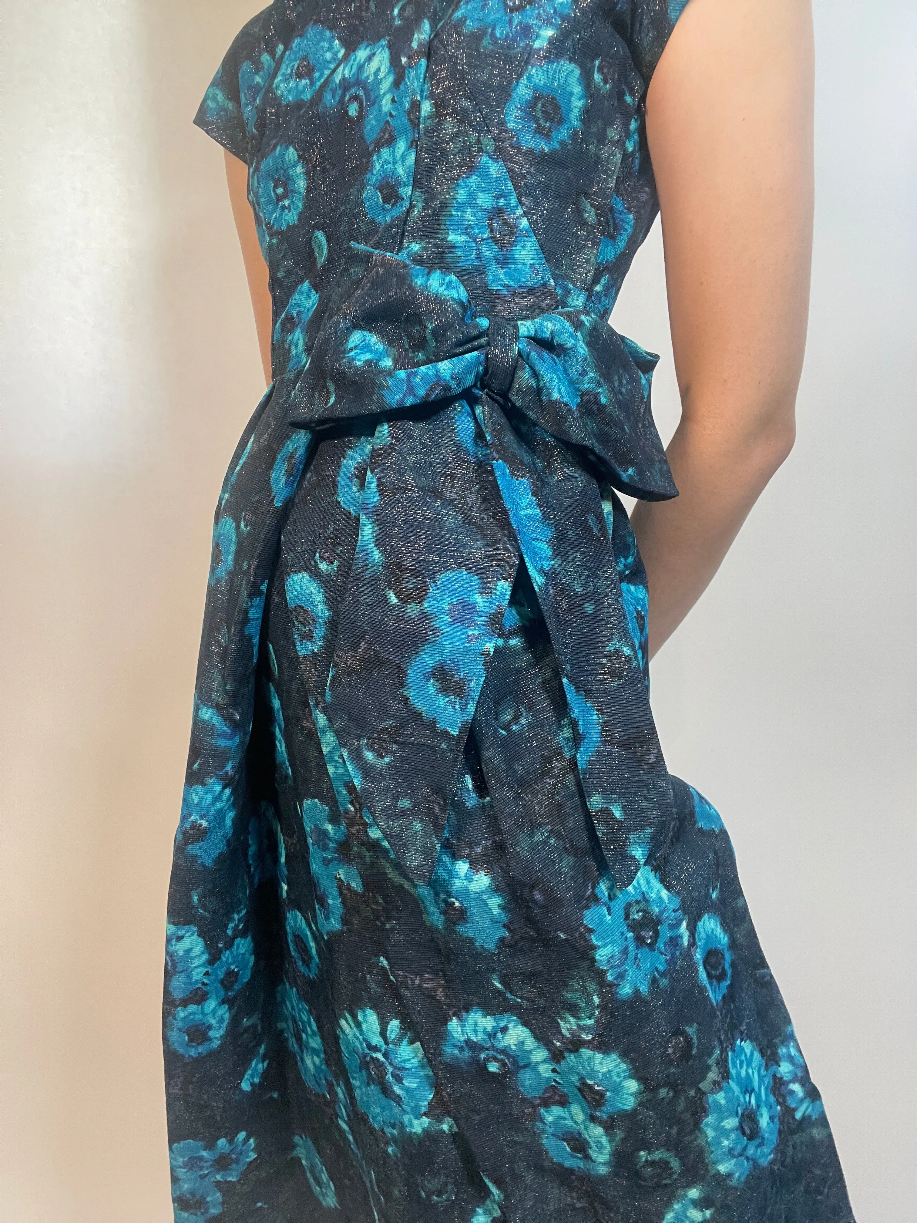 VTG 60s Turquoise & Blue/Black Brocade Dress Fancy