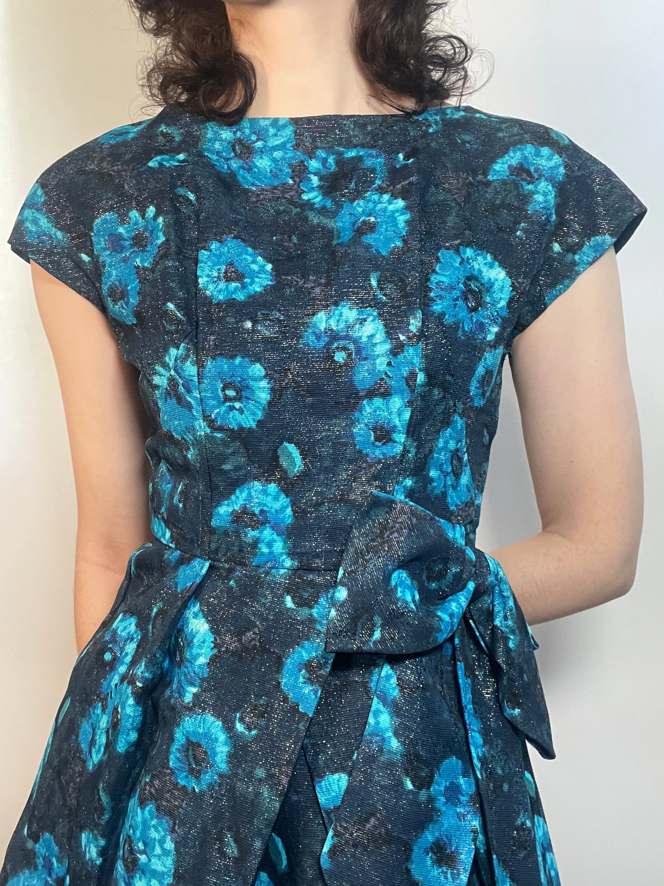 VTG 60s Turquoise & Blue/Black Brocade Dress Fancy