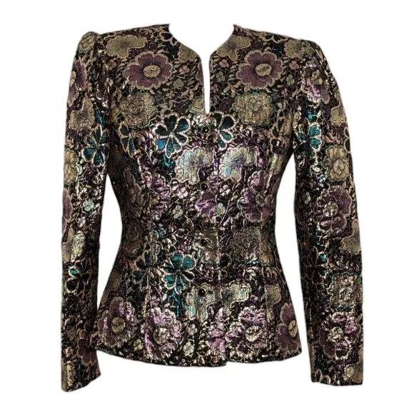 VTG Gold Pink Green Metallic Embroidered Floral Button Front Blazer
