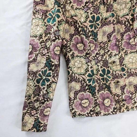 VTG Gold Pink Green Metallic Embroidered Floral Button Front Blazer