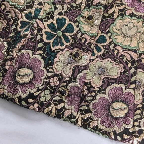 VTG Gold Pink Green Metallic Embroidered Floral Button Front Blazer