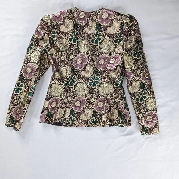 VTG Gold Pink Green Metallic Embroidered Floral Button Front Blazer