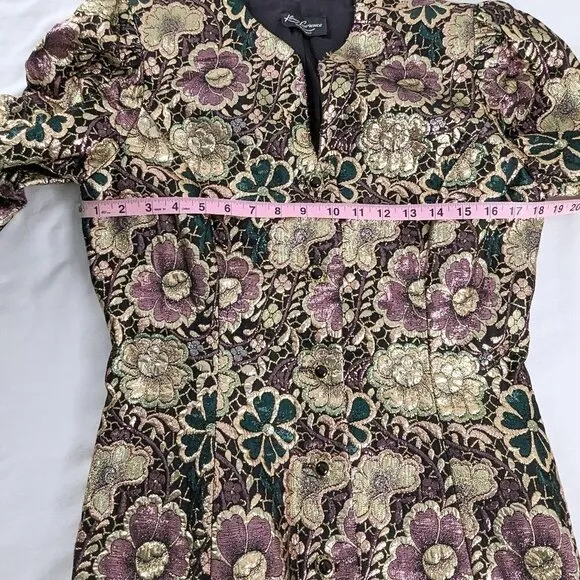 VTG Gold Pink Green Metallic Embroidered Floral Button Front Blazer