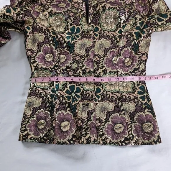VTG Gold Pink Green Metallic Embroidered Floral Button Front Blazer
