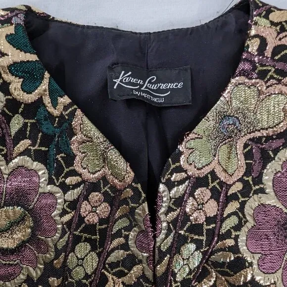 VTG Gold Pink Green Metallic Embroidered Floral Button Front Blazer