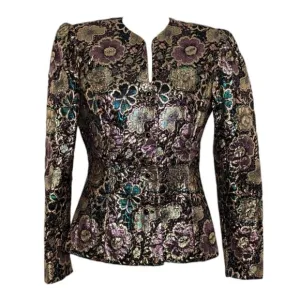 VTG Gold Pink Green Metallic Embroidered Floral Button Front Blazer